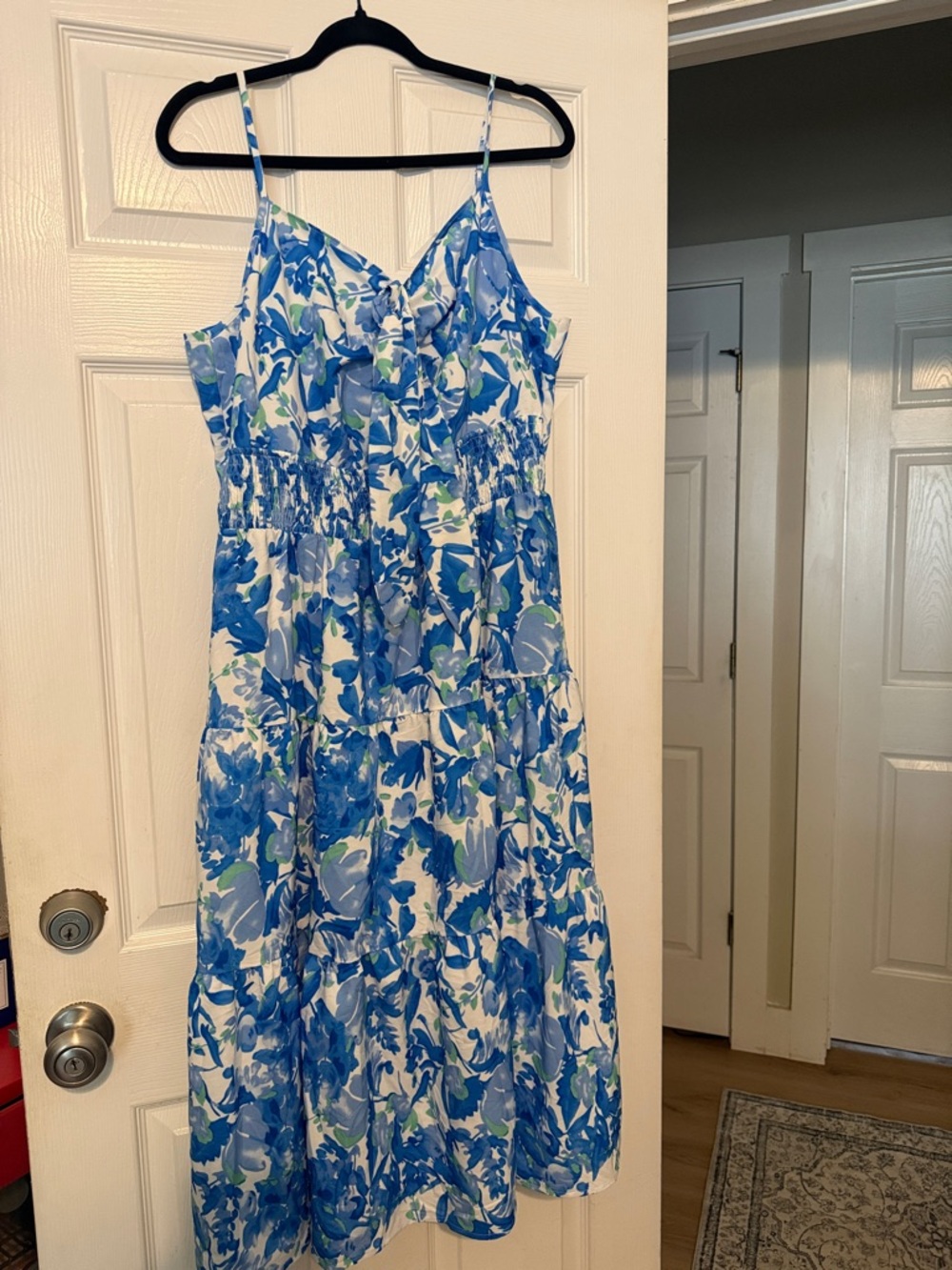Blue Floral Midi Sundress with Smocked Waist